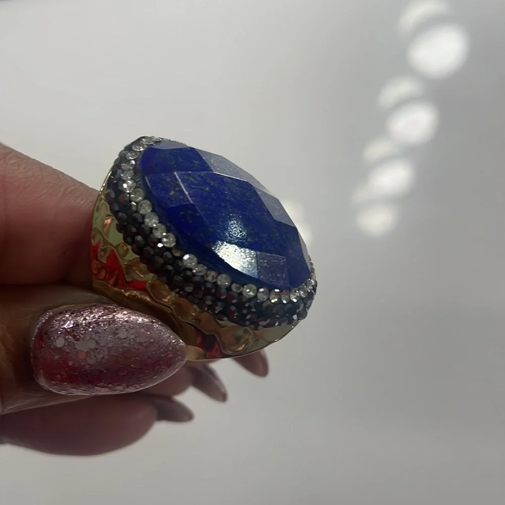 Lapis Lazuli Faceted, cocktail ring, gold, size adjustable, 6.5 - - Picture 5 of 8